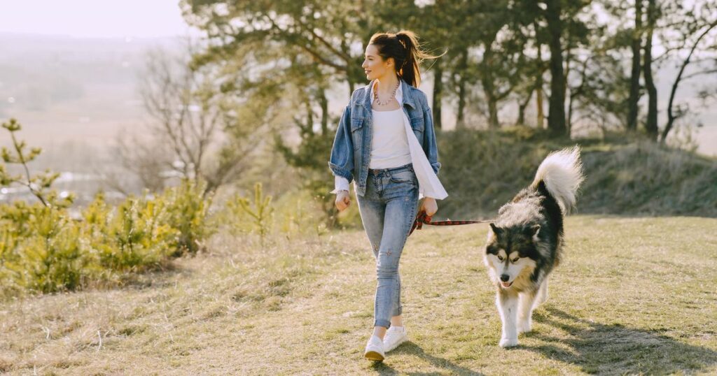 új szokás, természetben kutyát sétáltató nő